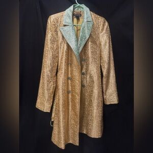 Gold Brocade Trench Coat with Mint Green Lapel